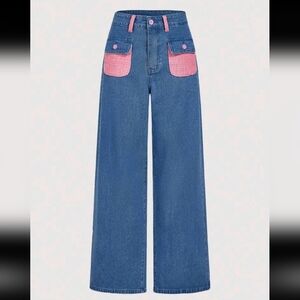 Denim Wide-Leg Jeans with Pink Pocket Accents